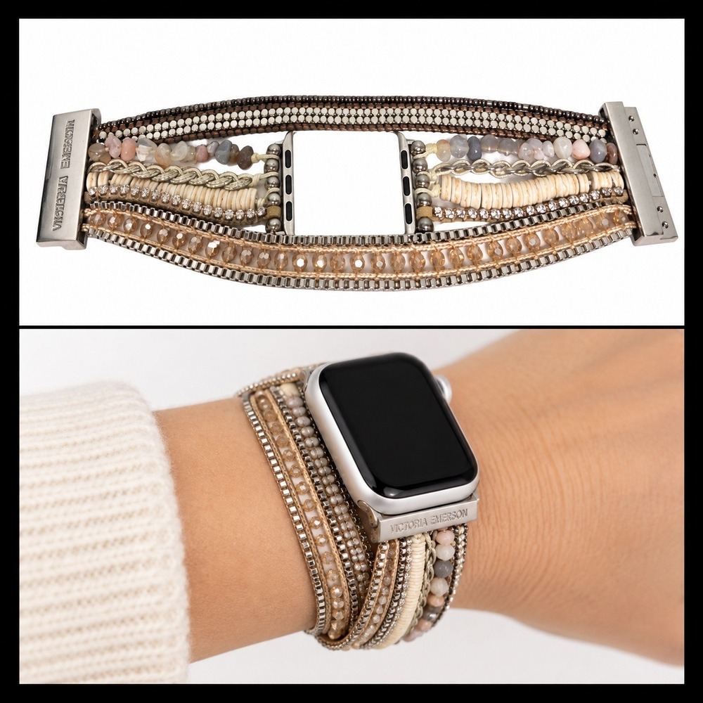 Victoria Emerson Boho Multi Layered Apple Watch Band Champagne Cream Silver